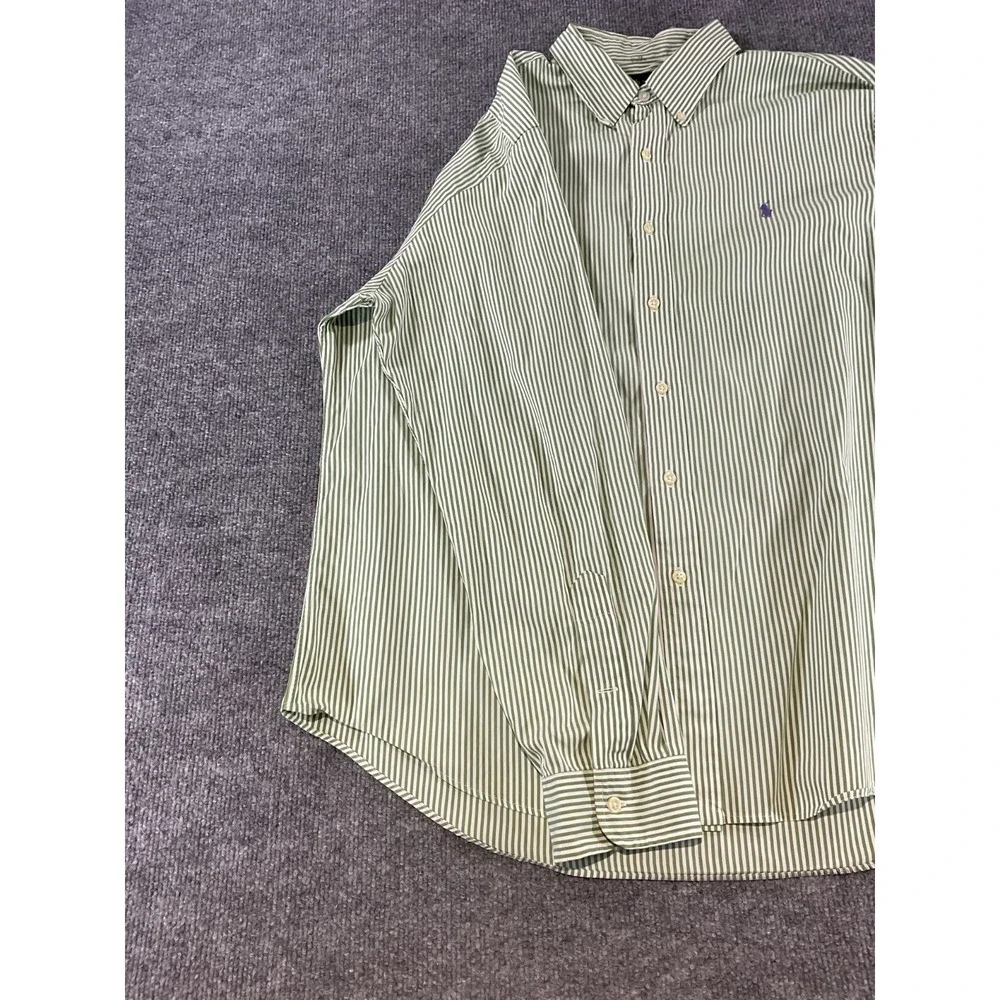 Polo Ralph Lauren XL Green White Striped Button Down Shirt Purple Pony Cotton